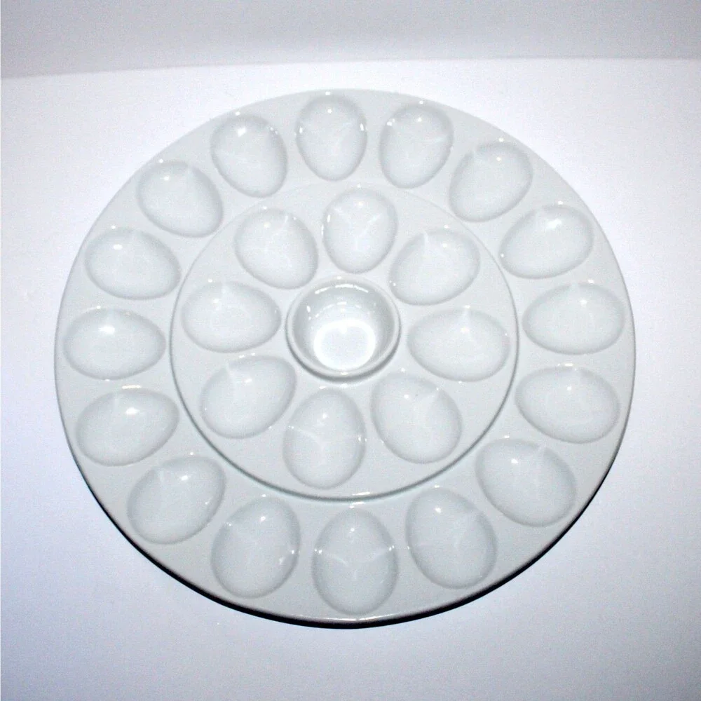 Crate & Barrel 24 Deviled Egg Platter White Porcelain Round 13